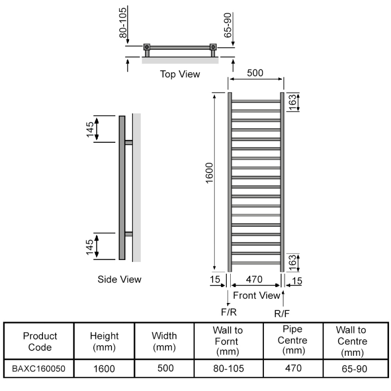 Redroom Baxx Designer Heated Towel Rail 1600mm H x 500mm W - Chrome  | Dimension Image