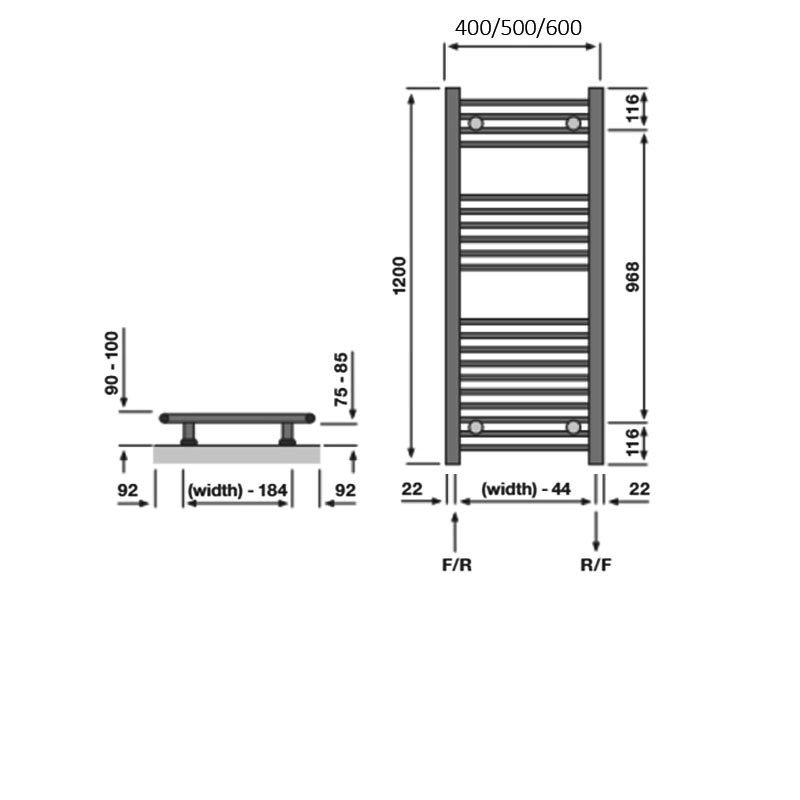 Redroom Elan Straight Heated Towel Rail 1200mm H x 400mm W - White