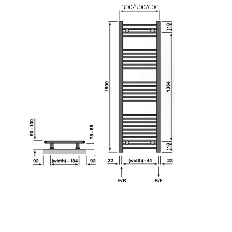 Redroom Elan Straight Heated Towel Rail 1600mm H x 500mm W - Chrome