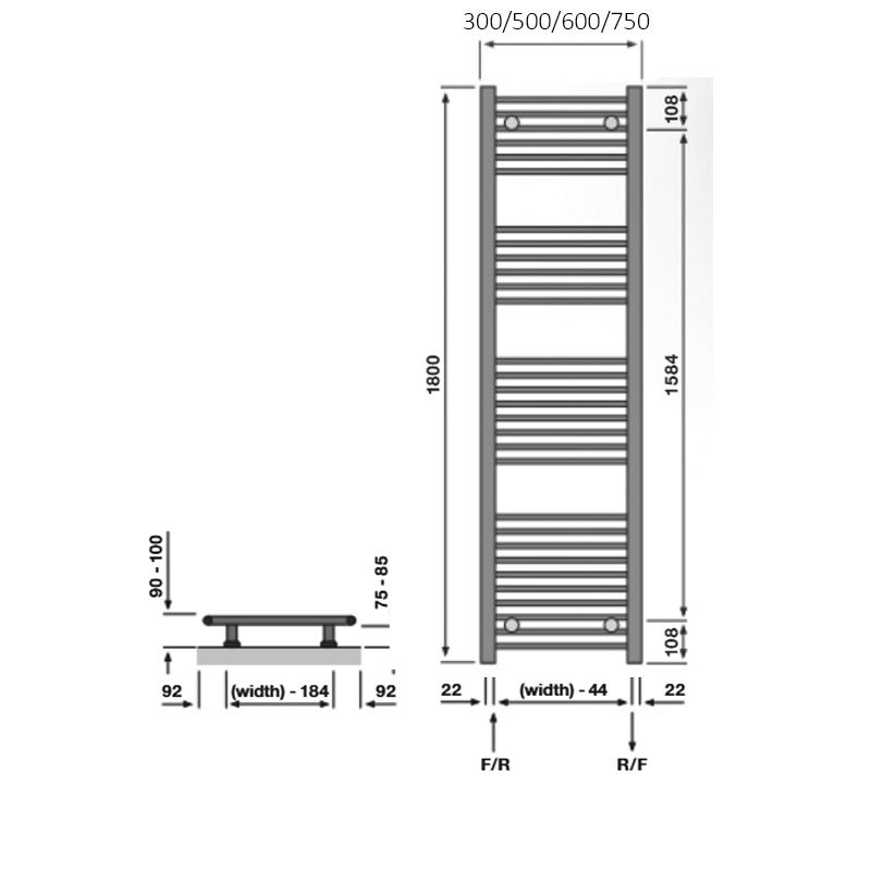 Redroom Elan Straight Heated Towel Rail 1800mm H x 500mm W - Chrome  | Dimension Image