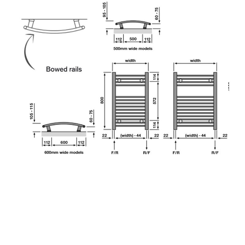 Redroom Elan Curved Heated Towel Rail 800mm H x 600mm W - Chrome