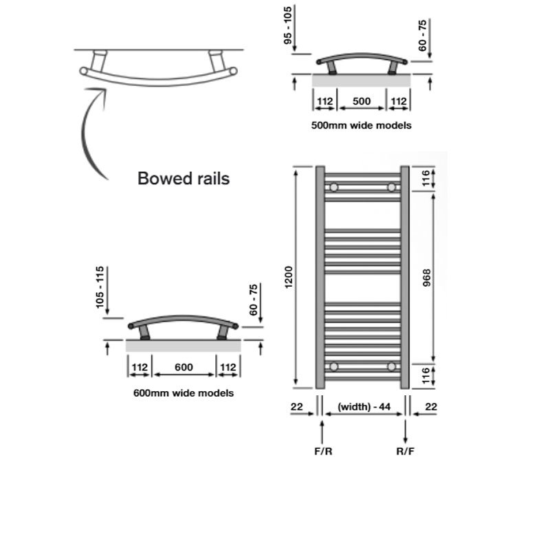 Redroom Elan Curved Heated Towel Rail 1200mm H x 500mm W - White  | Dimension Image