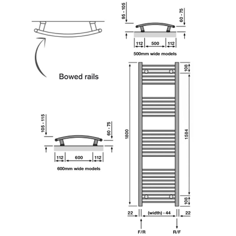 Redroom Elan Curved Heated Towel Rail 1800mm H x 500mm W - Chrome  | Dimension Image
