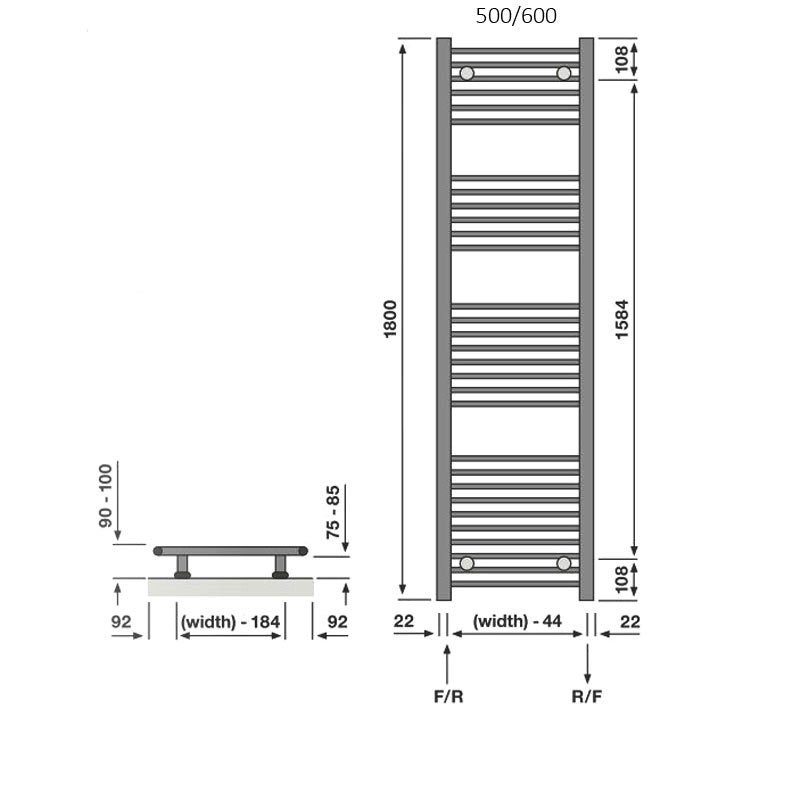 Redroom Elite Straight Heated Towel Rail 1800mm H x 500mm W - Anthracite  | Dimension Image