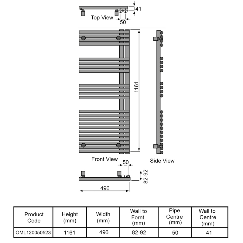 Redroom Omnia Left Handed Designer Heated Towel Rail 1161mm H x 496mm W - Quartz Beige