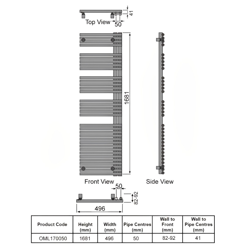 Redroom Omnia Left Handed Designer Heated Towel Rail 1681mm H x 496mm W - White  | Dimension Image