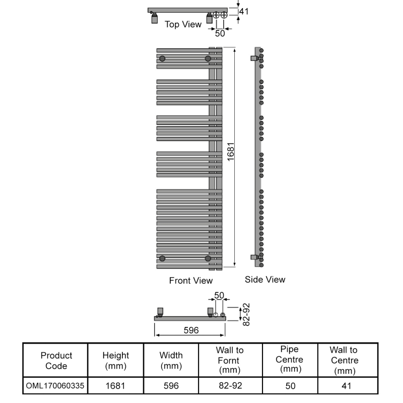 Redroom Omnia Left Handed Designer Heated Towel Rail 1681mm H x 596mm W - Titane  | Dimension Image