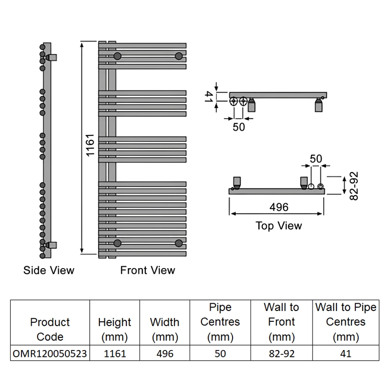Redroom Omnia Right Handed Designer Heated Towel Rail 1161mm H x 496mm W - Quartz Beige  | Dimension Image