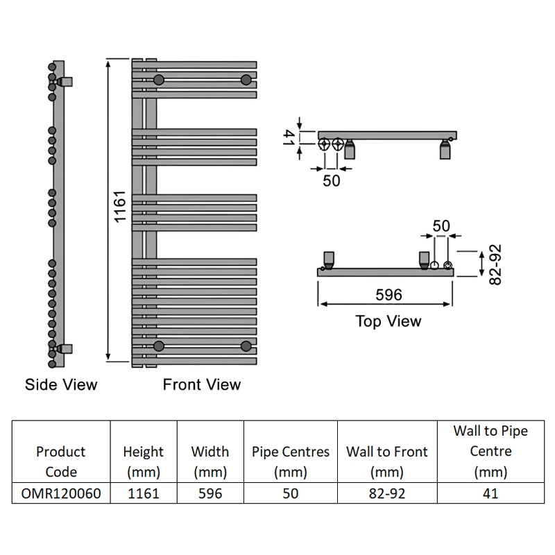 Redroom Omnia Right Handed Designer Heated Towel Rail 1161mm H x 596mm W - White  | Dimension Image
