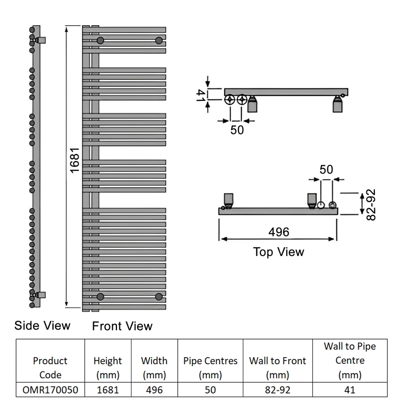 Redroom Omnia Right Handed Designer Heated Towel Rail 1681mm H x 496mm W - White  | Dimension Image
