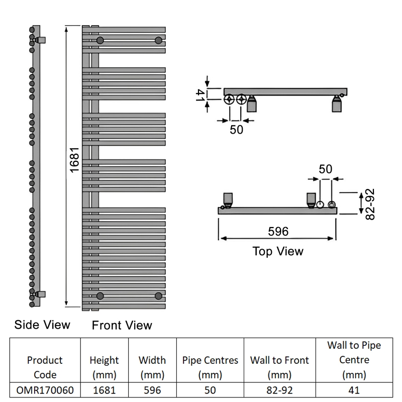 Redroom Omnia Right Handed Designer Heated Towel Rail 1681mm H x 596mm W - White  | Dimension Image