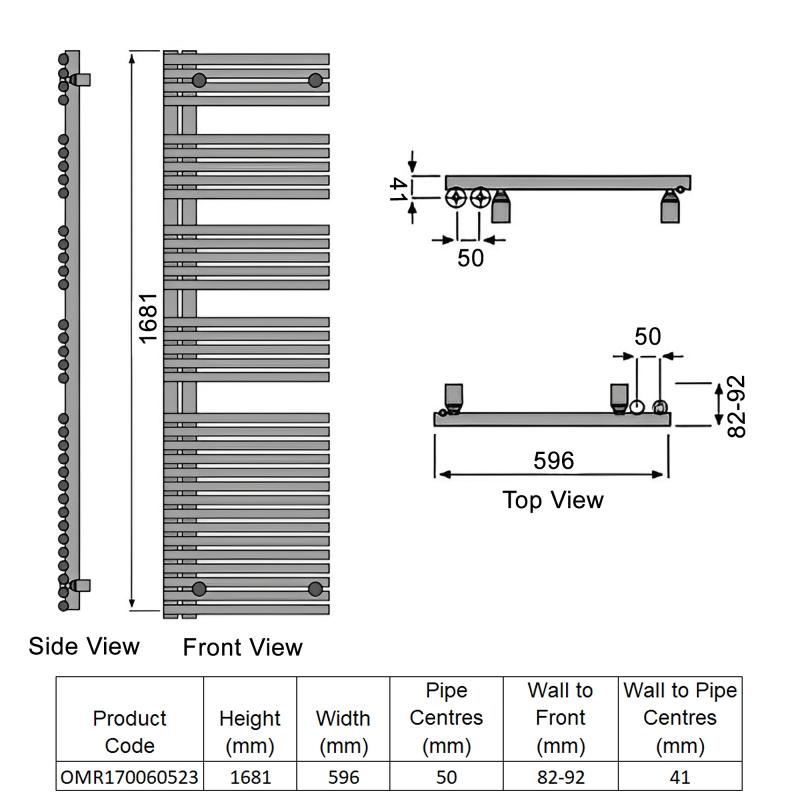 Redroom Omnia Right Handed Designer Heated Towel Rail 1681mm H x 596mm W - Quartz Beige  | Dimension Image