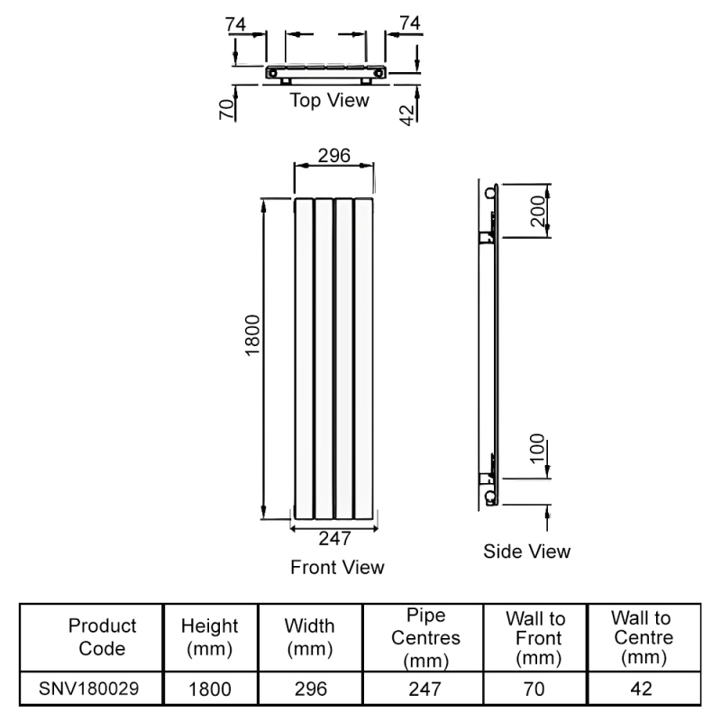 Redroom SuperNovar Single Panel Designer Vertical Radiator 1800mm H x 296mm W - White  | Dimension Image