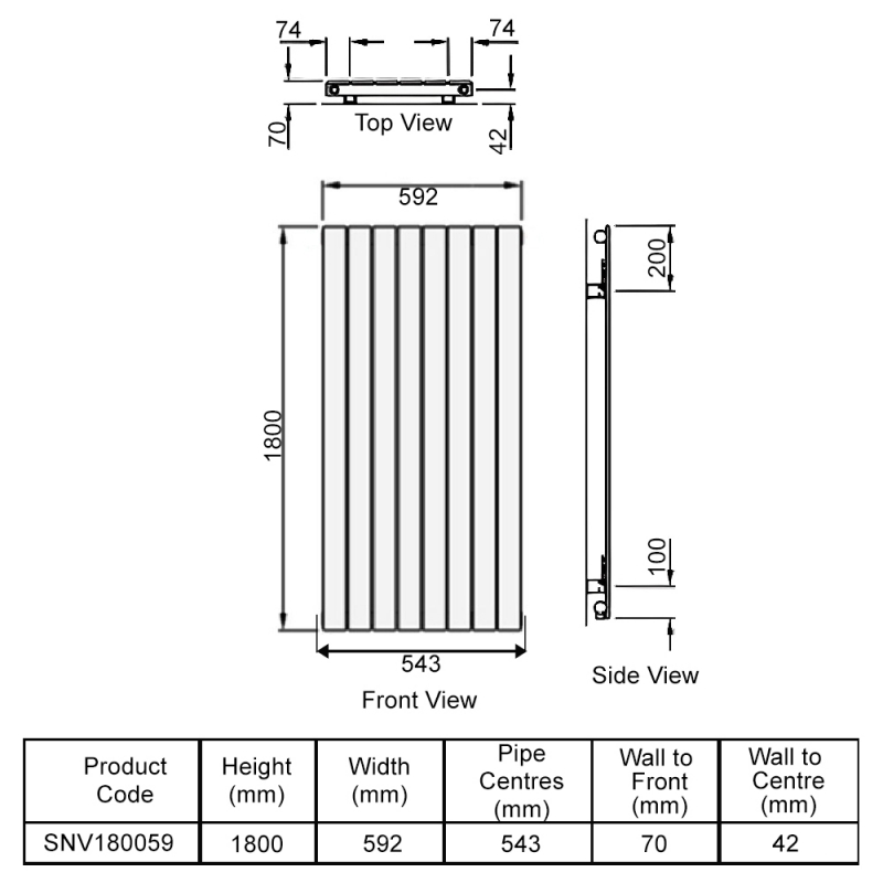 Redroom SuperNovar Single Panel Designer Vertical Radiator 1800mm H x 592mm W - White