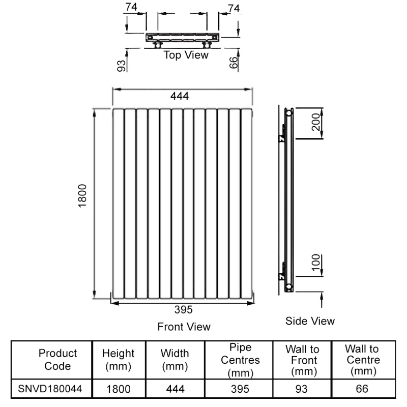 Redroom SuperNovar Double Panel Designer Vertical Radiator 1800mm H x 444mm W - White