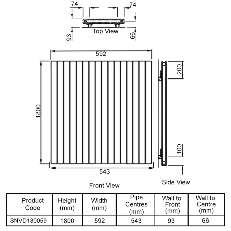 Redroom SuperNovar Double Panel Designer Vertical Radiator 1800mm H x 592mm W - White