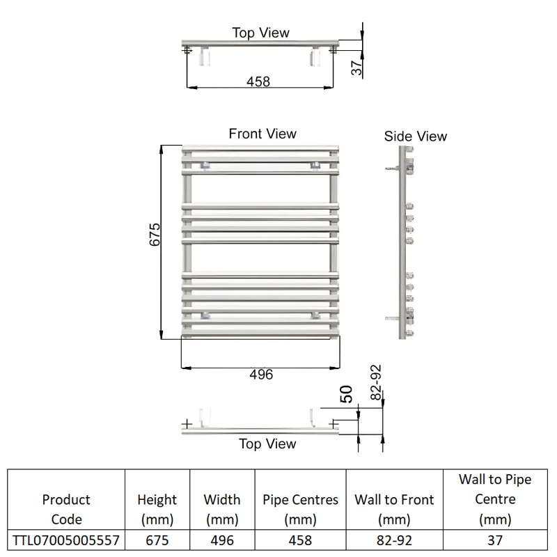 Redroom TT Lux Designer Heated Towel Rail 675mm H x 496mm W - Matt Black