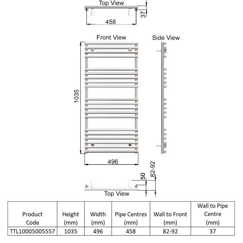 Redroom TT Lux Designer Heated Towel Rail 1035mm H x 496mm W - Matt Black