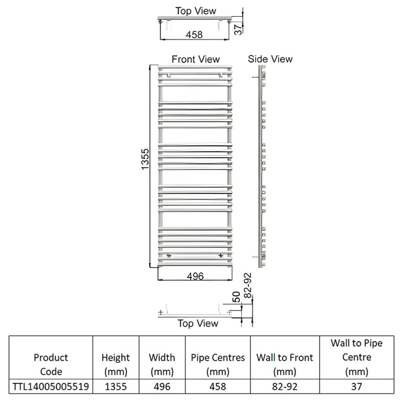 Redroom TT Lux Designer Heated Towel Rail 1355mm H x 496mm W - Pacific Blue