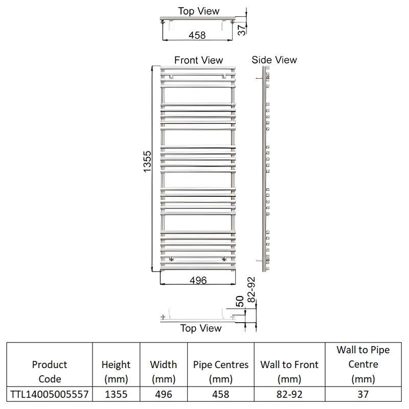 Redroom TT Lux Designer Heated Towel Rail 1355mm H x 496mm W - Matt Black  | Dimension Image