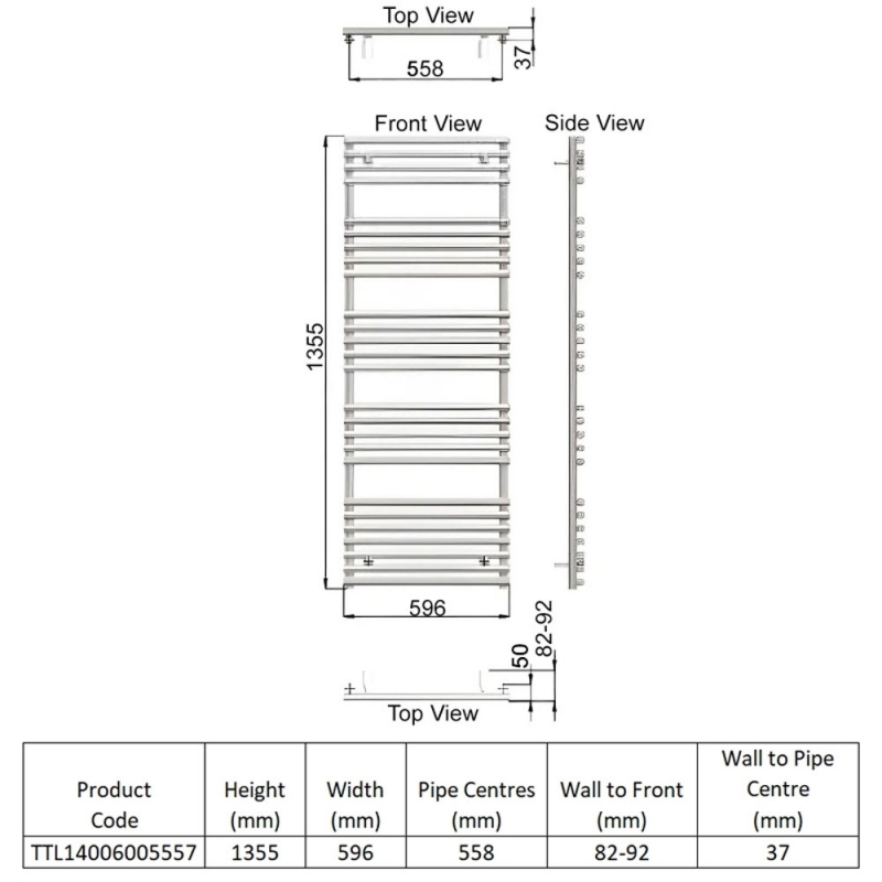 Redroom TT Lux Designer Heated Towel Rail 1355mm H x 596mm W - Matt Black  | Dimension Image