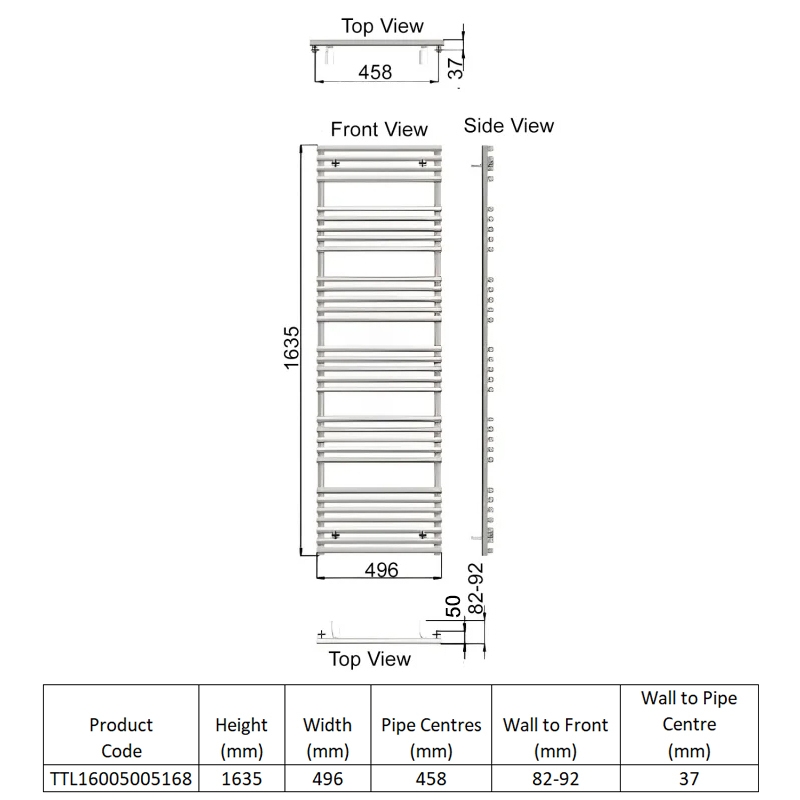 Redroom TT Lux Designer Heated Towel Rail 1635mm H x 496mm W - Blush Pink  | Dimension Image