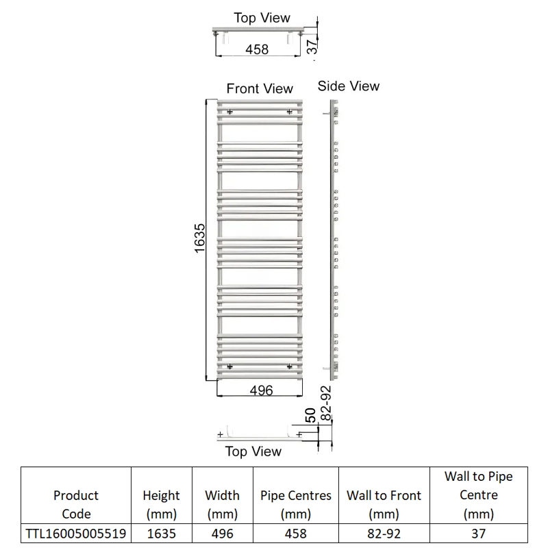 Redroom TT Lux Designer Heated Towel Rail 1635mm H x 496mm W - Pacific Blue  | Dimension Image