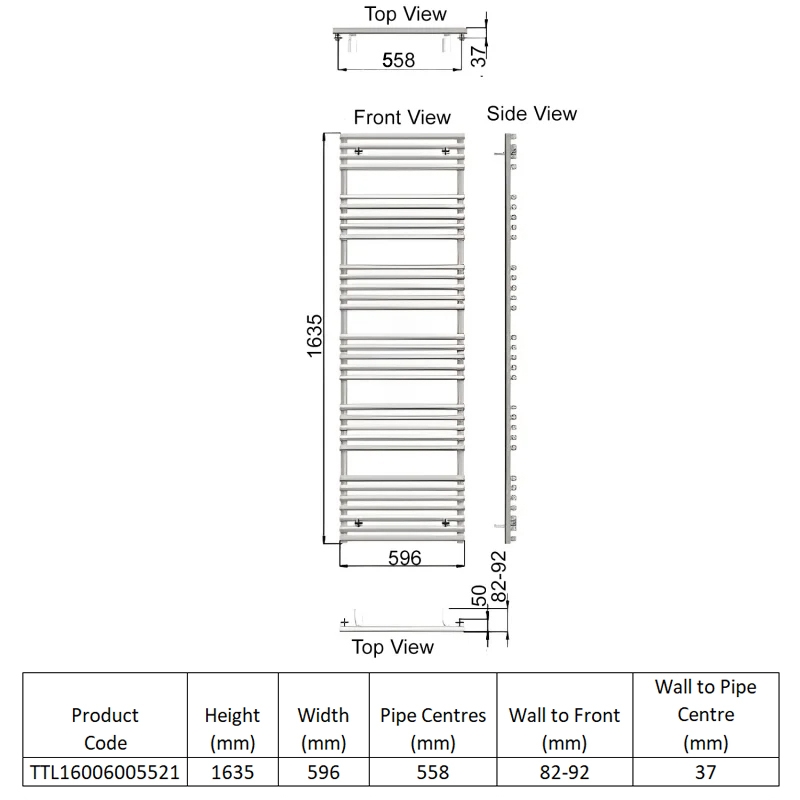 Redroom TT Lux Designer Heated Towel Rail 1635mm H x 596mm W - Quartz White  | Dimension Image