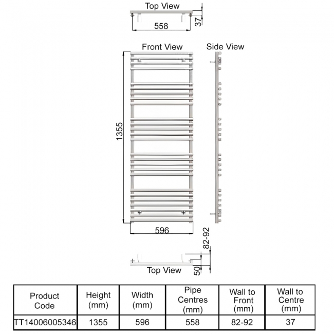 Redroom TT Designer Heated Towel Rail 1355mm H x 596mm W - Anthracite  | Dimension Image