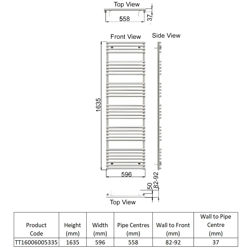 Redroom TT Designer Heated Towel Rail 1635mm H x 596mm W - Titane  | Dimension Image
