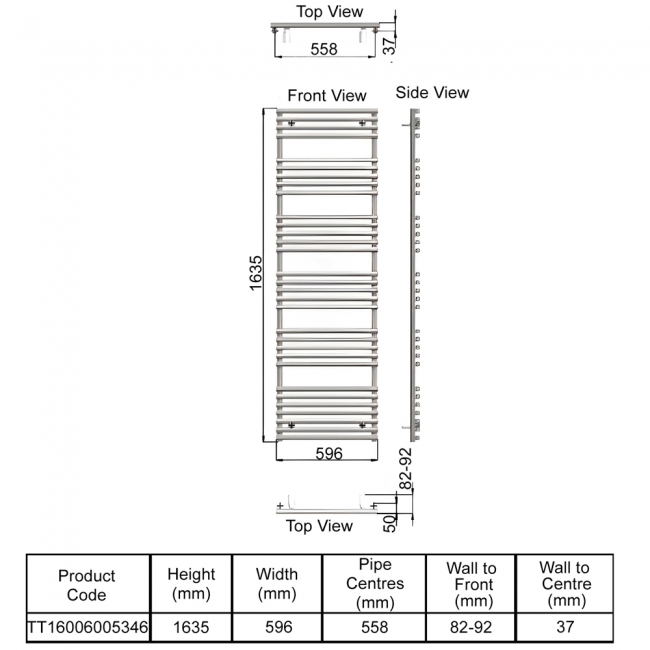 Redroom TT Designer Heated Towel Rail 1635mm H x 596mm W - Anthracite  | Dimension Image