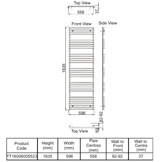 Redroom TT Designer Heated Towel Rail 1635mm H x 596mm W - Quartz Beige  | Dimension Image