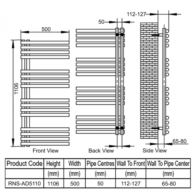 Reina Adora Designer Heated Towel Rail 1106mm H x 500mm W Polished Stainless Steel