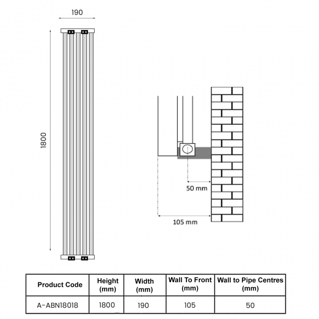 Reina Albano Designer Vertical Aluminium Radiator 1800mm H x 190mm W - Silver  | Dimension Image