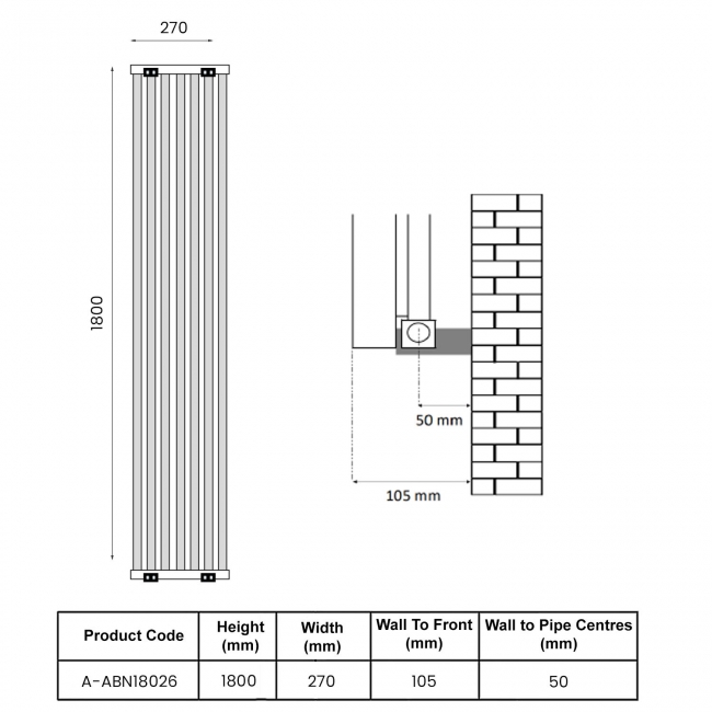 Reina Albano Designer Vertical Aluminium Radiator 1800mm H x 270mm W - Anthracite  | Dimension Image