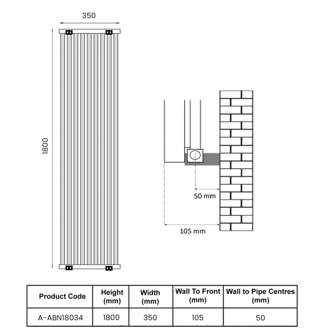 Reina Albano Designer Vertical Aluminium Radiator 1800mm H x 350mm W - Anthracite  | Dimension Image