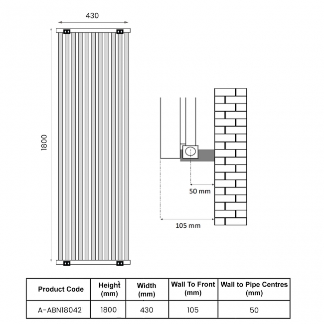 Reina Albano Designer Vertical Aluminium Radiator 1800mm H x 430mm W - White  | Dimension Image