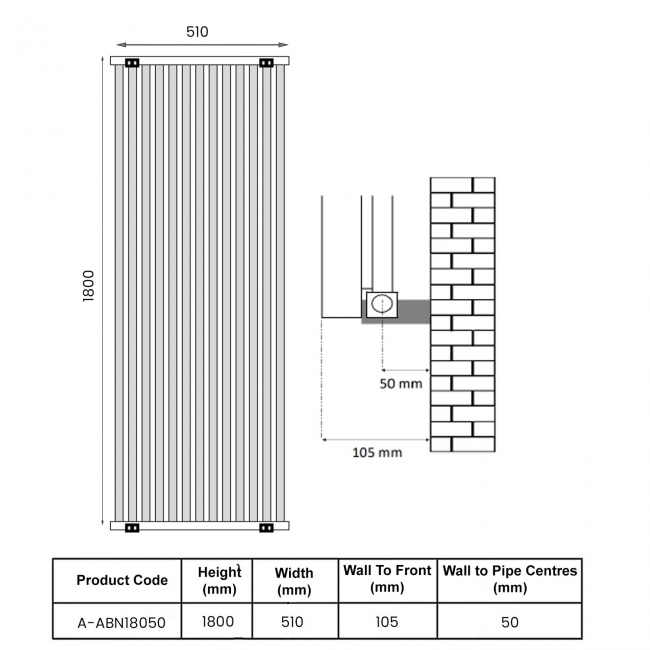 Reina Albano Designer Vertical Aluminium Radiator 1800mm H x 510mm W - Silver  | Dimension Image