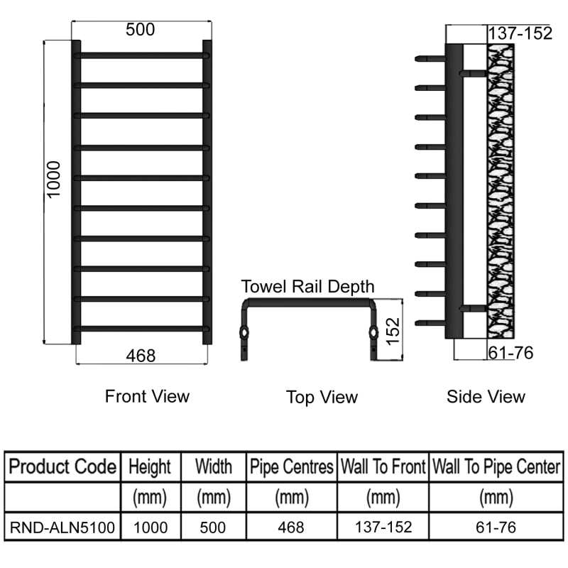 Reina Aliano Designer Heated Towel Rail 1000mm H x 500mm W Chrome  | Dimension Image