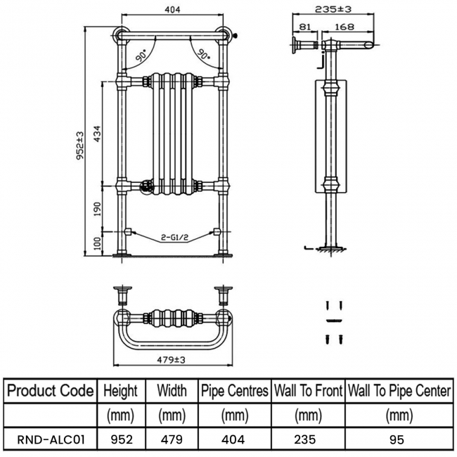 Reina Alicia Radiator Heated Towel Rail 952mm H x 479mm W White/Chrome