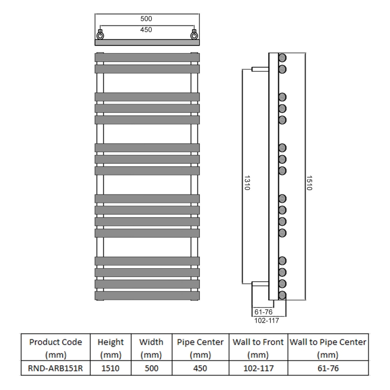 Reina Arbori Designer Heated Towel Rail 1510mm H x 500mm W RAL  | Dimension Image
