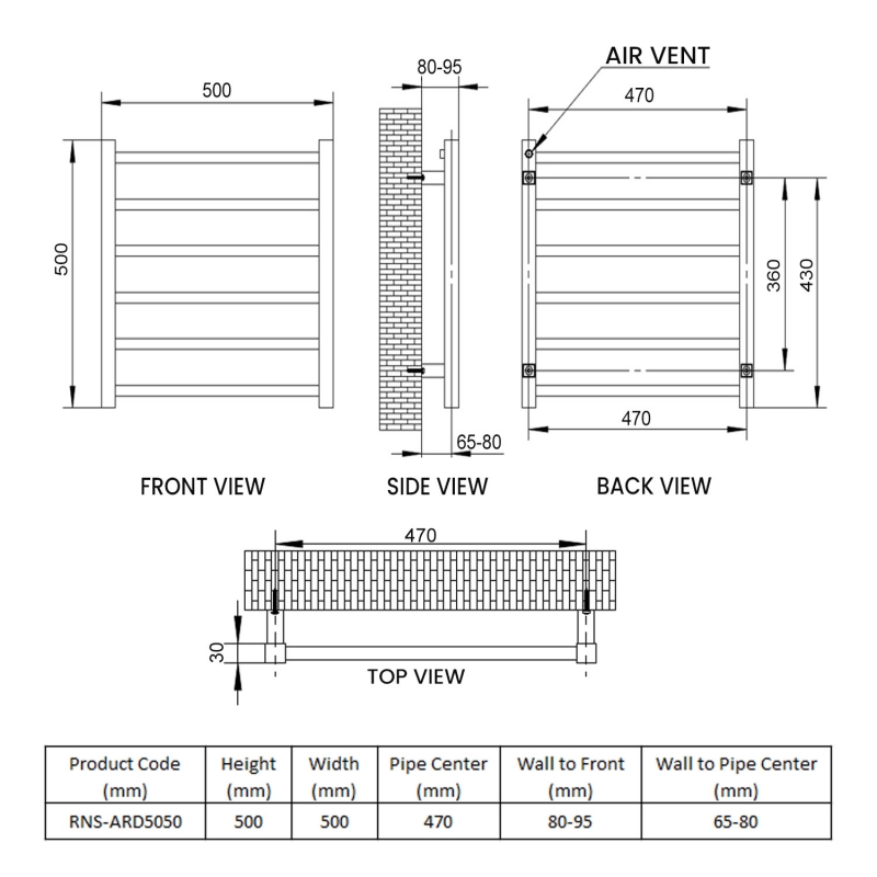 Reina Arden Square Tube Heated Towel Rail 500mm H x 500mm W Brushed Stainless Steel  | Dimension Image