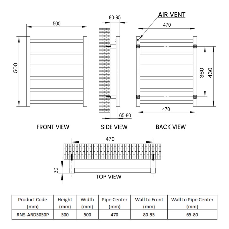 Reina Arden Square Tube Heated Towel Rail 500mm H x 500mm W Polished Stainless Steel  | Dimension Image