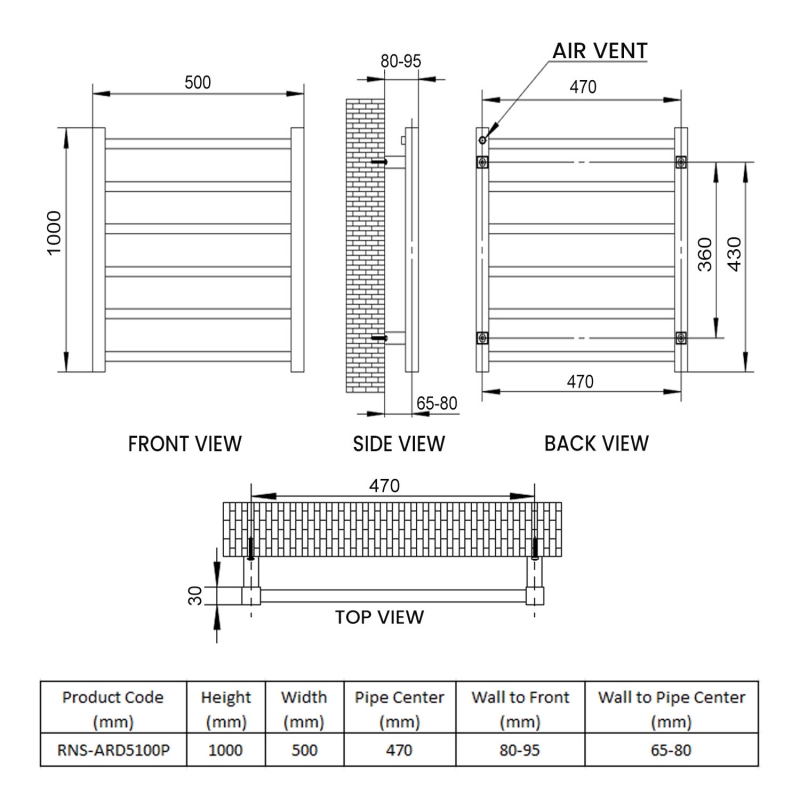 Reina Arden Square Tube Heated Towel Rail 1000mm H x 500mm W Polished Stainless Steel