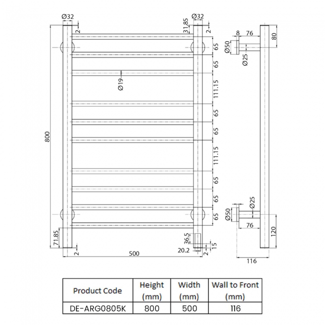Reina Arnage Dry Electric Heated Towel Rail 800mm H x 500mm W - Matt Black  | Dimension Image
