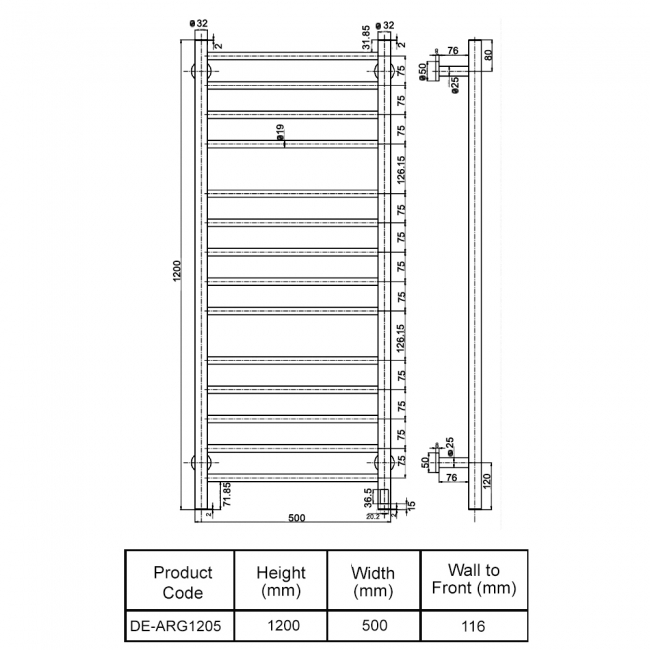 Reina Arnage Dry Electric Heated Towel Rail 1200mm H x 500mm W Polished