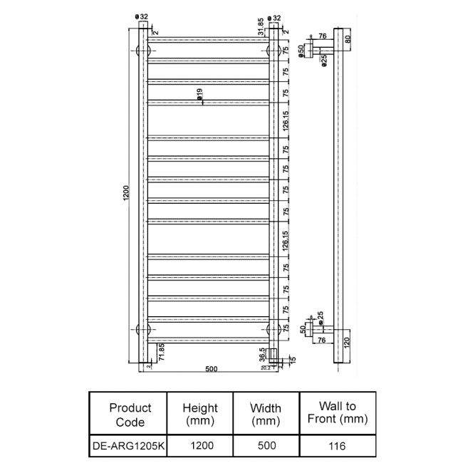 Reina Arnage Dry Electric Heated Towel Rail 1200mm H x 500mm W - Matt Black  | Dimension Image