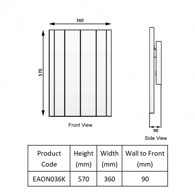 Reina Aron Die Cast Electric Horizontal Aluminium Radiator 570mm H x 360mm W - Black  | Dimension Image