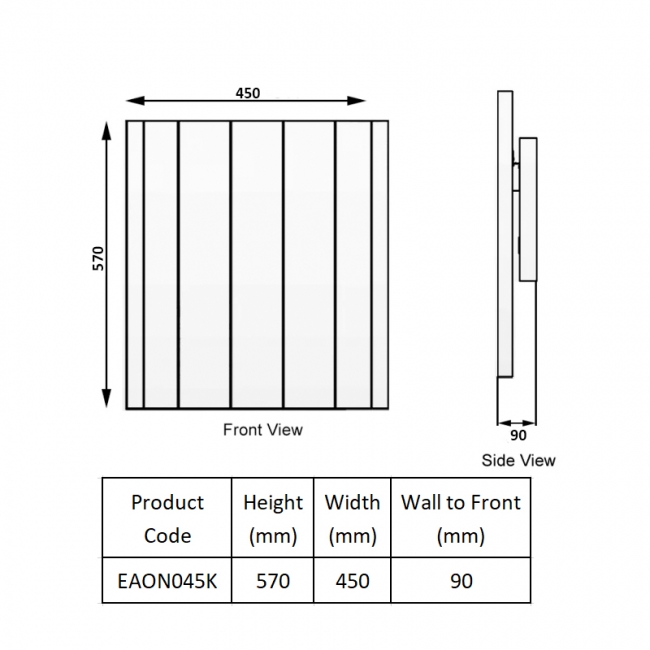 Reina Aron Die Cast Electric Horizontal Aluminium Radiator 570mm H x 450mm W - Black  | Dimension Image