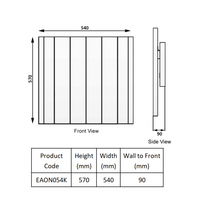Reina Aron Die Cast Electric Horizontal Aluminium Radiator 570mm H x 540mm W - Black  | Dimension Image